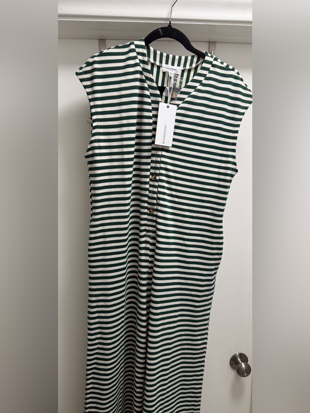 Anniewear Sleeveless Green & White Striped Jumpsuit